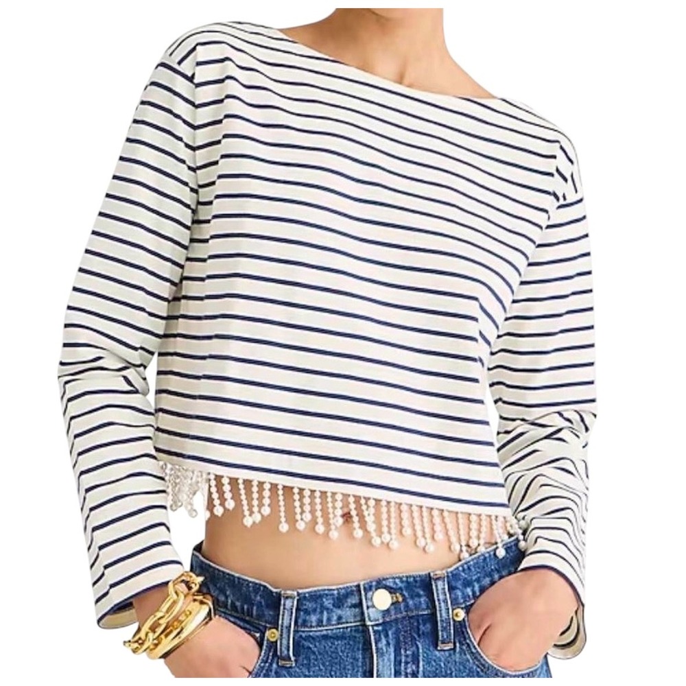 J.Crew Womens XS Mariner Striped Cropped Boatneck Tee with‎ Pearl Fringe